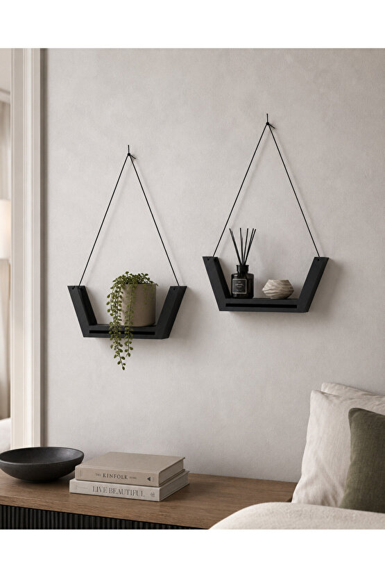 2’li Askılı Dekoratif Duvar Rafı 27x20x15 cm | Modern İpli Duvar Rafı | Beyaz & Siyah Renk Seçeneği