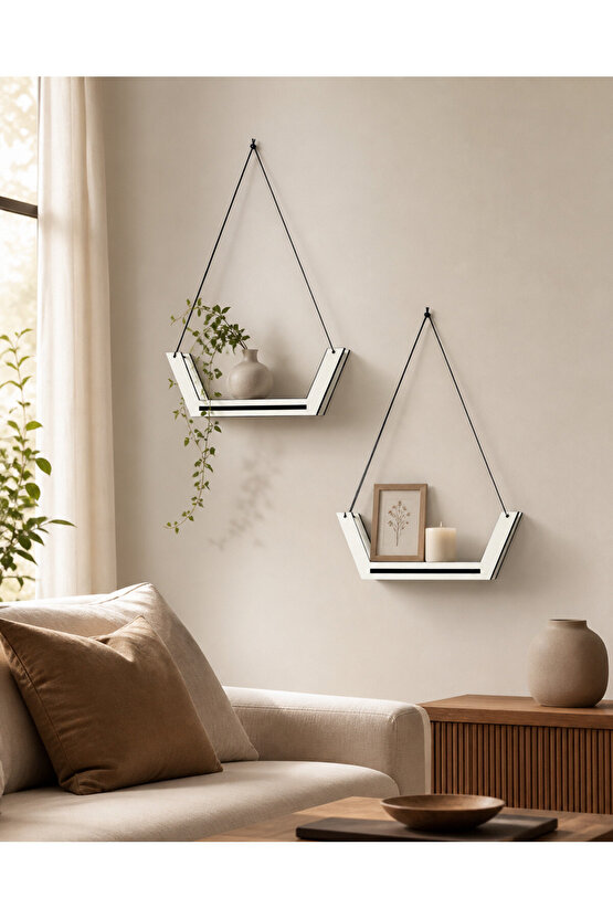 2’li Askılı Dekoratif Duvar Rafı 27x20x15 cm | Modern İpli Duvar Rafı | Beyaz & Siyah Renk Seçeneği
