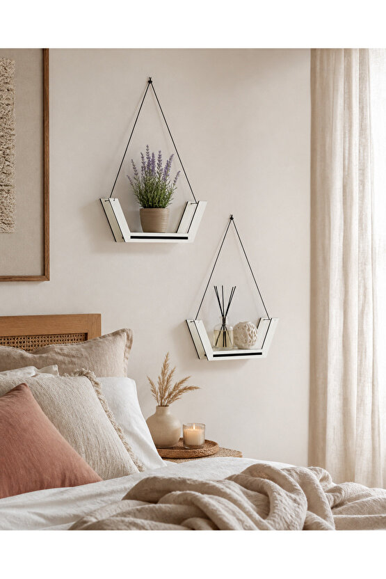 2’li Askılı Dekoratif Duvar Rafı 27x20x15 cm | Modern İpli Duvar Rafı | Beyaz & Siyah Renk Seçeneği