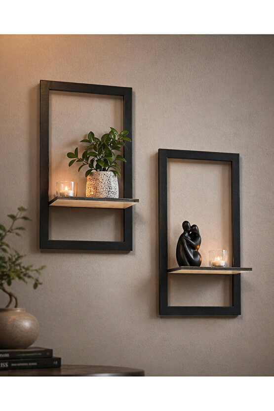 2’li Modern Dekoratif Duvar Rafı Seti – Sök Tak Ahşap Çerçeve Raf – 20x30  26x35 cm – Kolay Montaj