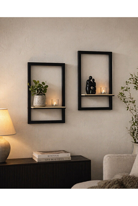 2’li Modern Dekoratif Duvar Rafı Seti – Sök Tak Ahşap Çerçeve Raf – 20x30  26x35 cm – Kolay Montaj