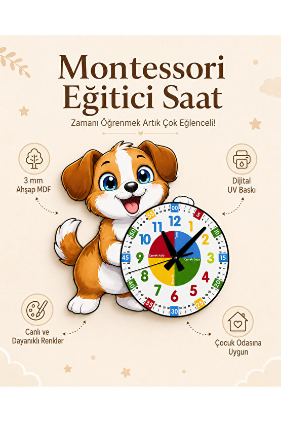 Sevimli Köpek Montessori Çocuk Odası Eğitici Ahşap Duvar Saati - Sessiz Mekanizma, Şık Tasarım Saat