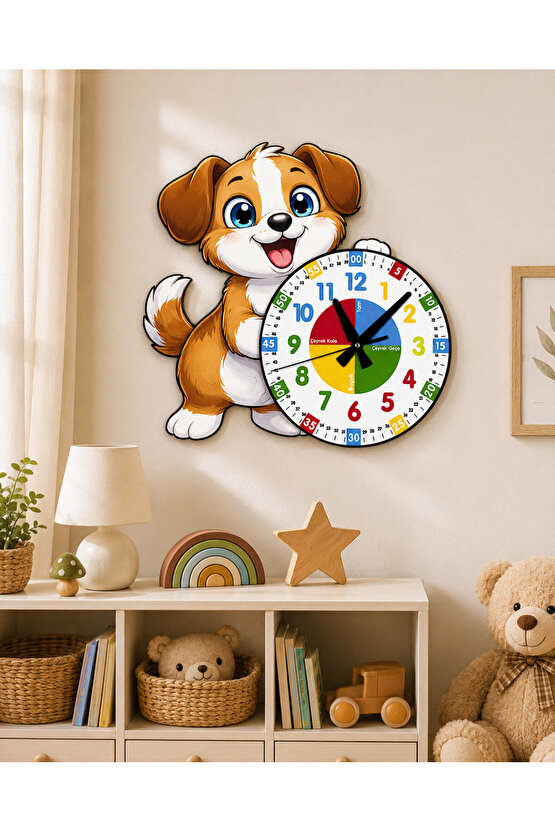 Sevimli Köpek Montessori Çocuk Odası Eğitici Ahşap Duvar Saati - Sessiz Mekanizma, Şık Tasarım Saat
