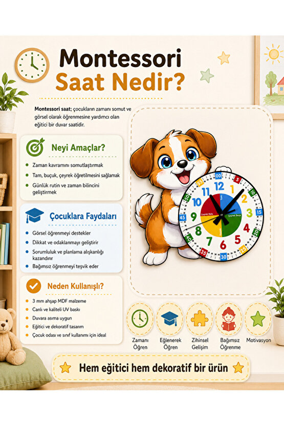Sevimli Köpek Montessori Çocuk Odası Eğitici Ahşap Duvar Saati - Sessiz Mekanizma, Şık Tasarım Saat