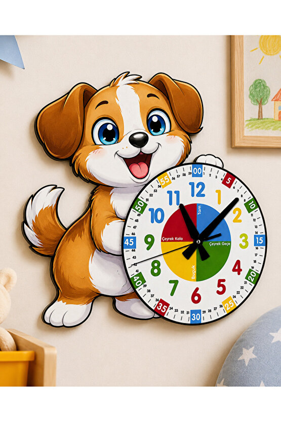 Sevimli Köpek Montessori Çocuk Odası Eğitici Ahşap Duvar Saati - Sessiz Mekanizma, Şık Tasarım Saat