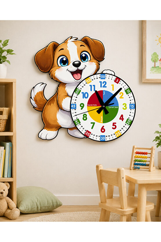 Sevimli Köpek Montessori Çocuk Odası Eğitici Ahşap Duvar Saati - Sessiz Mekanizma, Şık Tasarım Saat