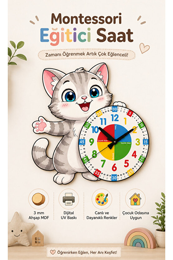 Sevimli Kedi Montessori Çocuk Odası Eğitici Ahşap Duvar Saati - Sessiz Mekanizma, Şık Tasarım Saat