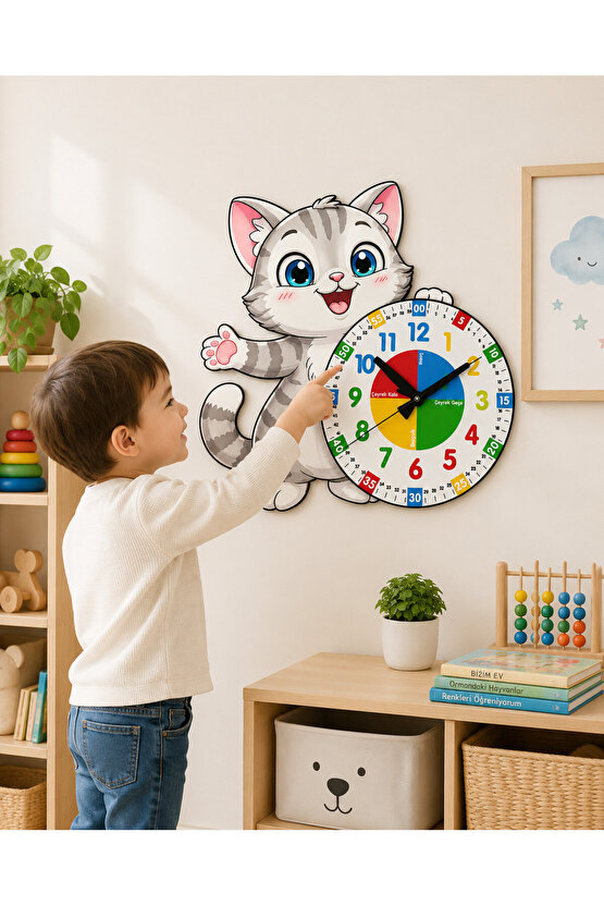 Sevimli Kedi Montessori Çocuk Odası Eğitici Ahşap Duvar Saati - Sessiz Mekanizma, Şık Tasarım Saat