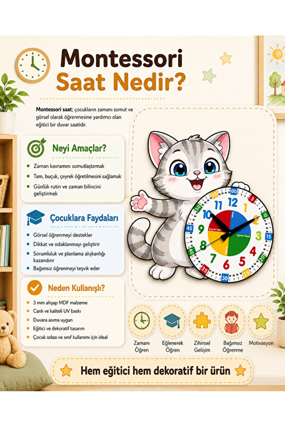 Sevimli Kedi Montessori Çocuk Odası Eğitici Ahşap Duvar Saati - Sessiz Mekanizma, Şık Tasarım Saat