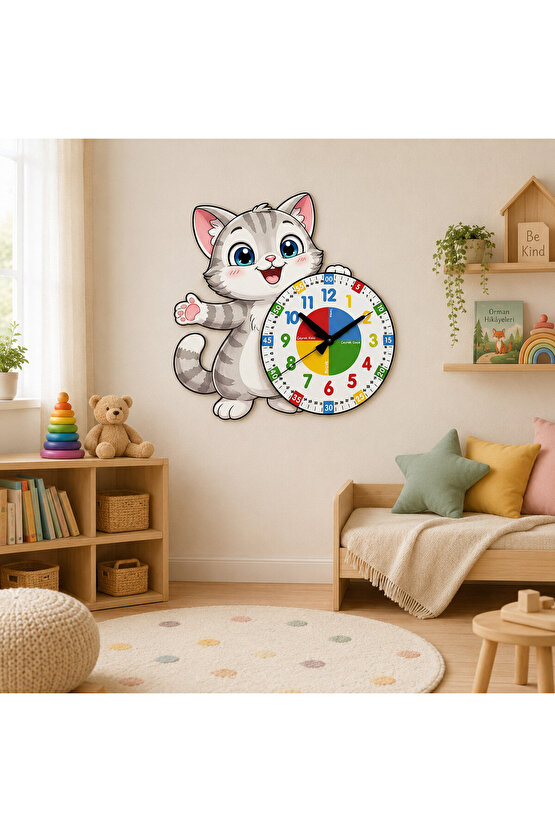 Sevimli Kedi Montessori Çocuk Odası Eğitici Ahşap Duvar Saati - Sessiz Mekanizma, Şık Tasarım Saat
