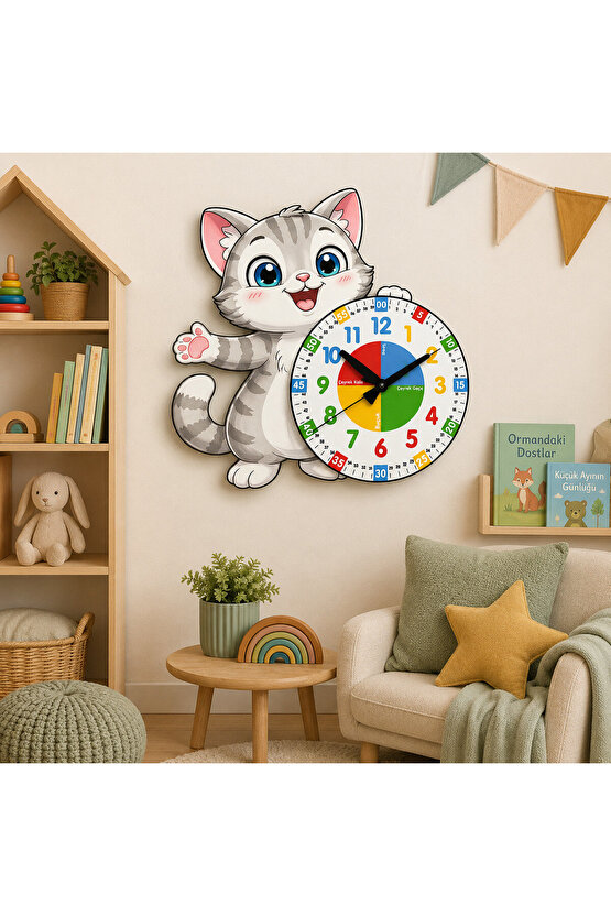 Sevimli Kedi Montessori Çocuk Odası Eğitici Ahşap Duvar Saati - Sessiz Mekanizma, Şık Tasarım Saat