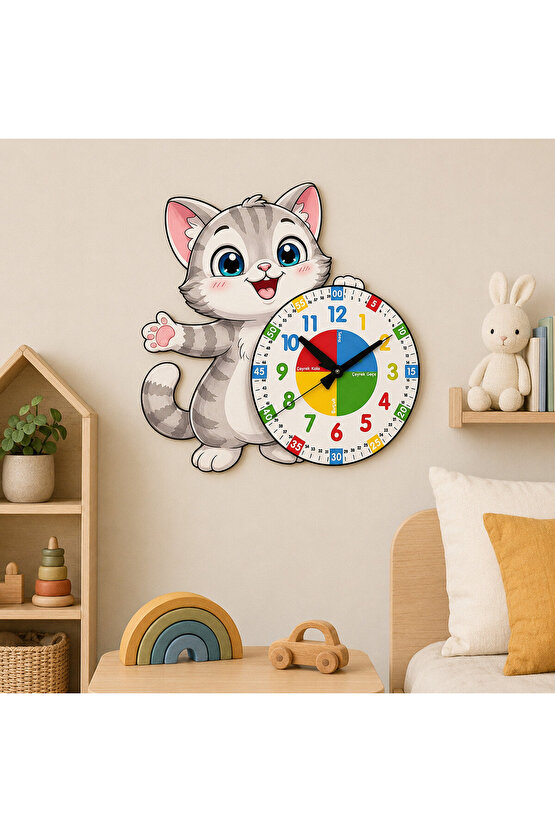 Sevimli Kedi Montessori Çocuk Odası Eğitici Ahşap Duvar Saati - Sessiz Mekanizma, Şık Tasarım Saat