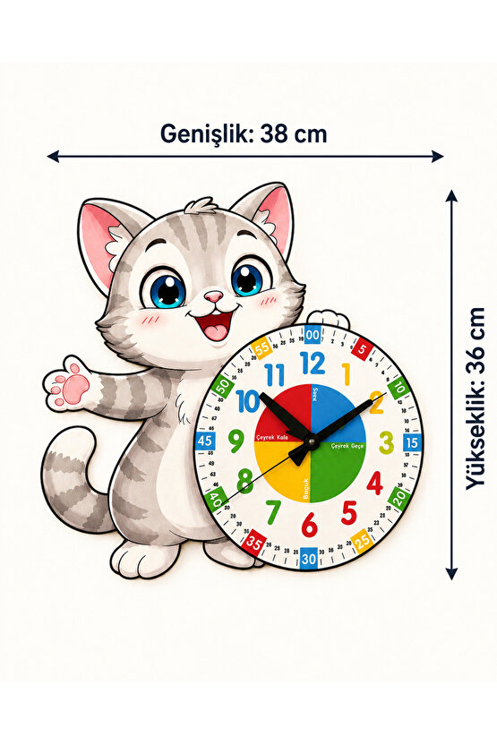 Sevimli Kedi Montessori Çocuk Odası Eğitici Ahşap Duvar Saati - Sessiz Mekanizma, Şık Tasarım Saat