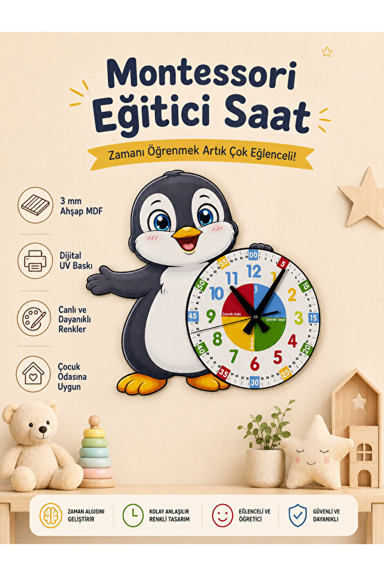 Sevimli Penguen Montessori Çocuk Odası Eğitici Ahşap Duvar Saati - Sessiz Mekanizma, Şık Tasarım Saat