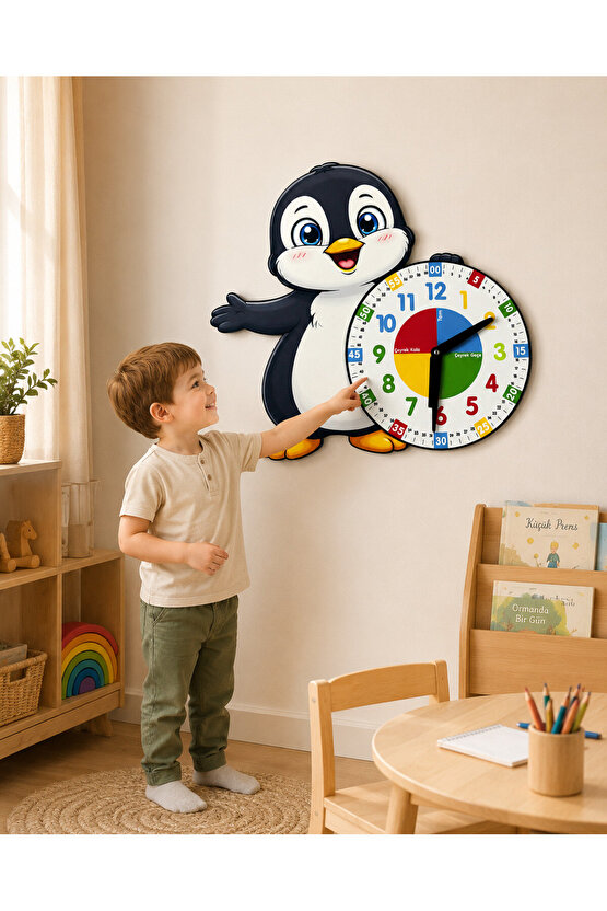 Sevimli Penguen Montessori Çocuk Odası Eğitici Ahşap Duvar Saati - Sessiz Mekanizma, Şık Tasarım Saat