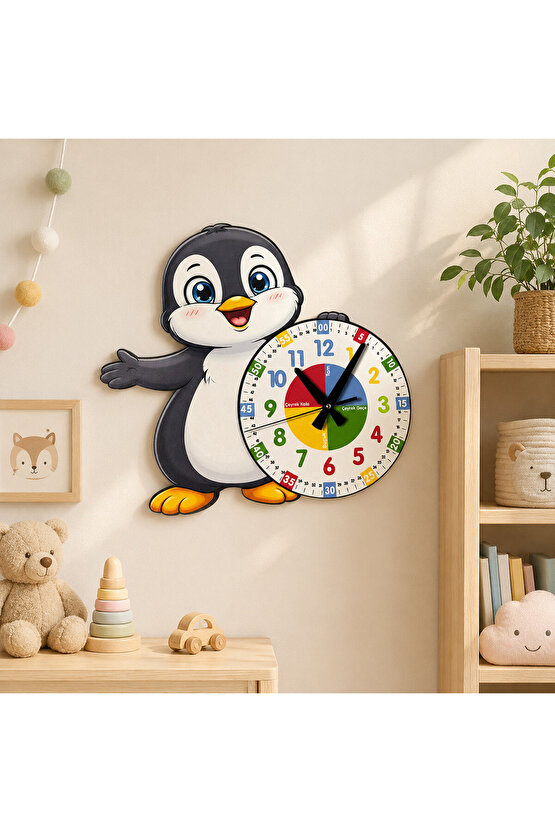 Sevimli Penguen Montessori Çocuk Odası Eğitici Ahşap Duvar Saati - Sessiz Mekanizma, Şık Tasarım Saat