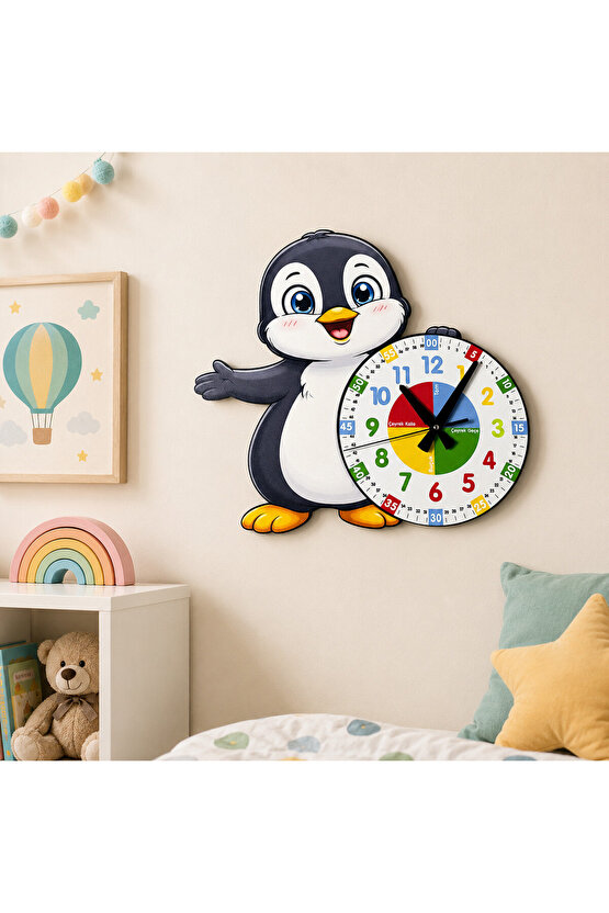 Sevimli Penguen Montessori Çocuk Odası Eğitici Ahşap Duvar Saati - Sessiz Mekanizma, Şık Tasarım Saat