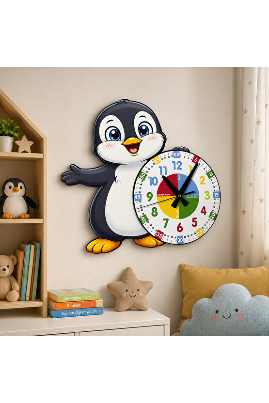 Sevimli Penguen Montessori Çocuk Odası Eğitici Ahşap Duvar Saati - Sessiz Mekanizma, Şık Tasarım Saat