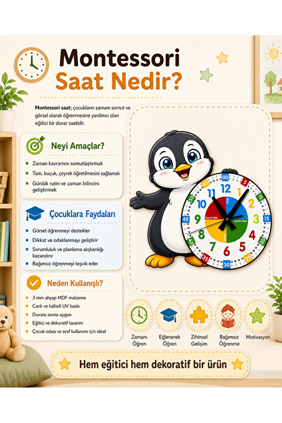 Sevimli Penguen Montessori Çocuk Odası Eğitici Ahşap Duvar Saati - Sessiz Mekanizma, Şık Tasarım Saat