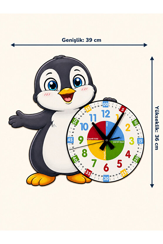Sevimli Penguen Montessori Çocuk Odası Eğitici Ahşap Duvar Saati - Sessiz Mekanizma, Şık Tasarım Saat