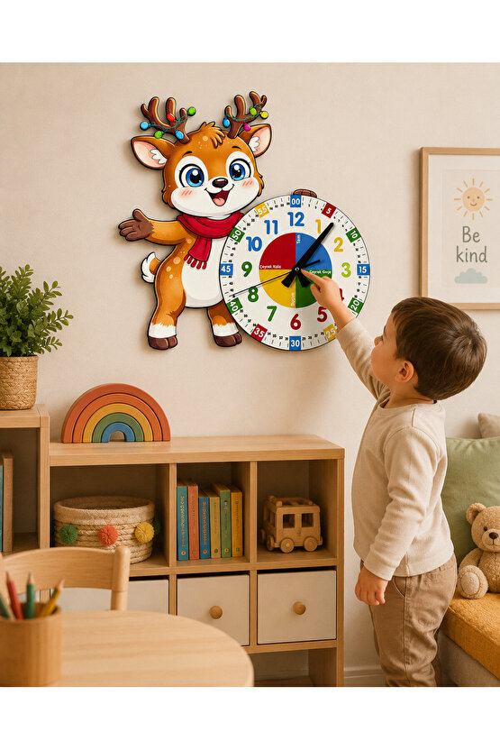 Sevimli Geyik Montessori Çocuk Odası Eğitici Ahşap Duvar Saati - Sessiz Mekanizma, Şık Tasarım Saat