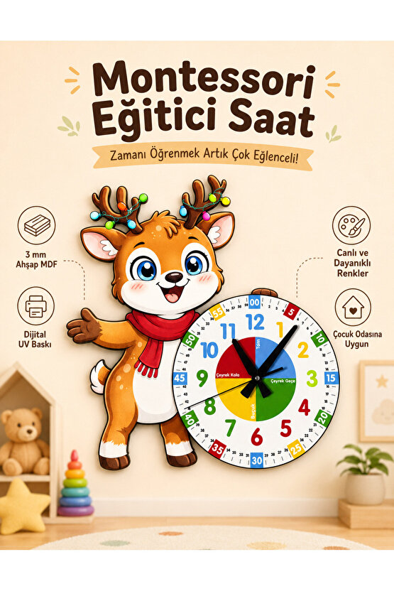Sevimli Geyik Montessori Çocuk Odası Eğitici Ahşap Duvar Saati - Sessiz Mekanizma, Şık Tasarım Saat