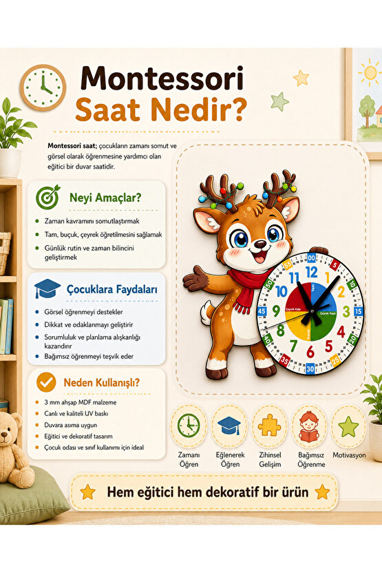 Sevimli Geyik Montessori Çocuk Odası Eğitici Ahşap Duvar Saati - Sessiz Mekanizma, Şık Tasarım Saat