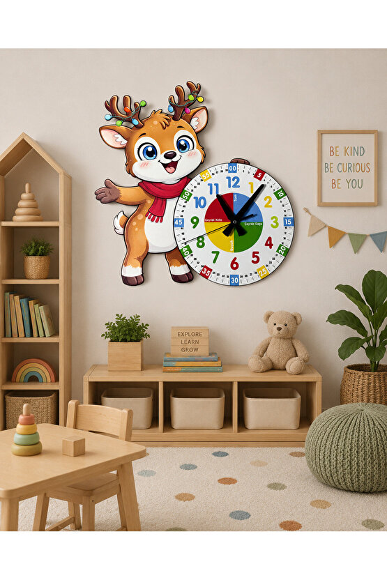 Sevimli Geyik Montessori Çocuk Odası Eğitici Ahşap Duvar Saati - Sessiz Mekanizma, Şık Tasarım Saat