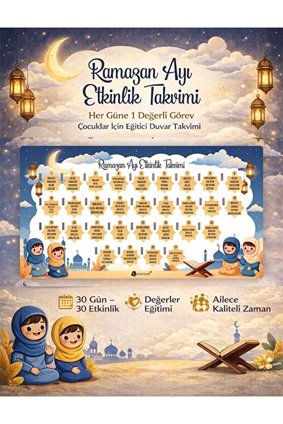 Ramazan Ayı Etkinlik Takvimi – Her Güne 1 Değerli Görev | Çocuklar İçin Eğitici Duvar Takvimi