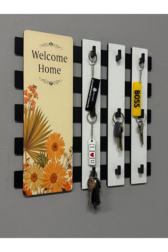 Ahşap Çiçek Desenli Welcome Home Yazılı Kapı Girişi Anahtarlık Askılığı Anahtarlık Tutucu 9 Kanca