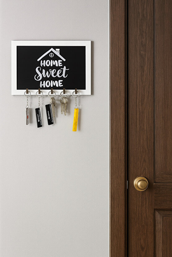 Home Sweet Home Yazılı Ahşap Anahtarlık Askısı Kapı Kenarı İçin Şık, Modern ve Estetik Duvar Dekoru
