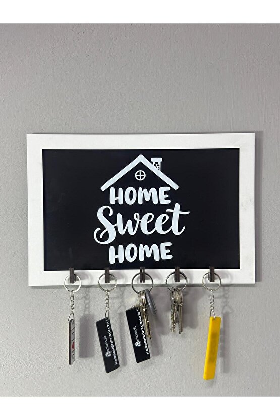 Home Sweet Home Yazılı Ahşap Anahtarlık Askısı Kapı Kenarı İçin Şık, Modern ve Estetik Duvar Dekoru