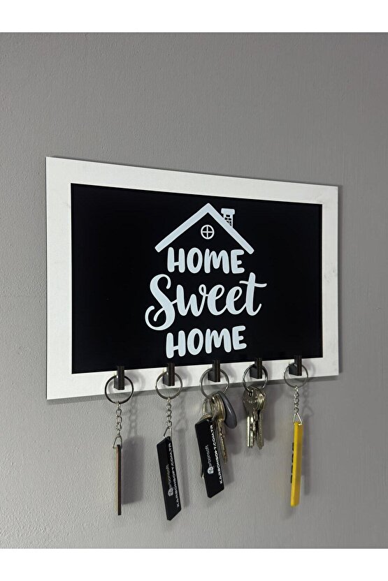 Home Sweet Home Yazılı Ahşap Anahtarlık Askısı Kapı Kenarı İçin Şık, Modern ve Estetik Duvar Dekoru