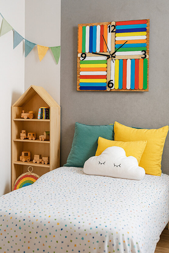 Montessori Ahşap Çubuklu Eğitici Duvar Saati – Sessiz Mekanizmalı