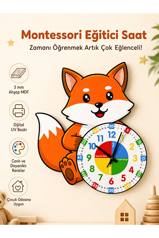 Montessori Eğitici Tilki Temalı Çocuk Duvar Saati | Renkli Ahşap Saat + UV Baskı