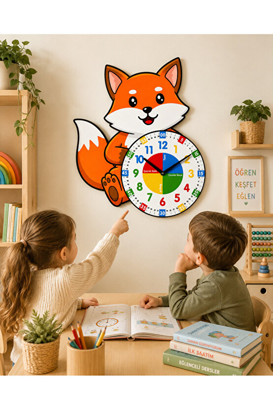 Montessori Eğitici Tilki Temalı Çocuk Duvar Saati | Renkli Ahşap Saat + UV Baskı