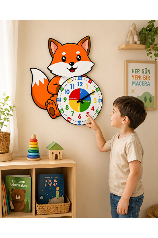 Montessori Eğitici Tilki Temalı Çocuk Duvar Saati | Renkli Ahşap Saat + UV Baskı