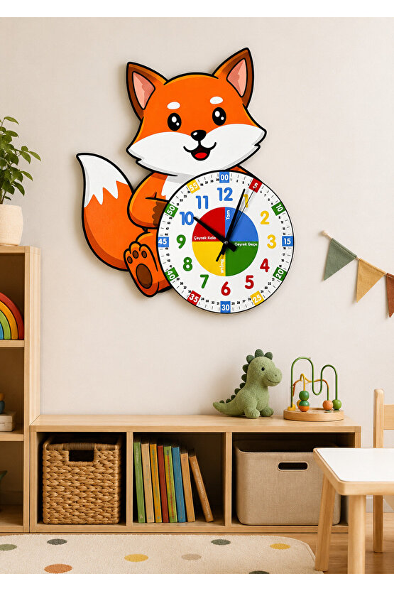 Montessori Eğitici Tilki Temalı Çocuk Duvar Saati | Renkli Ahşap Saat + UV Baskı