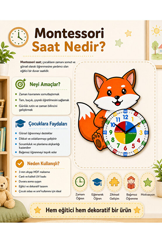 Montessori Eğitici Tilki Temalı Çocuk Duvar Saati | Renkli Ahşap Saat + UV Baskı