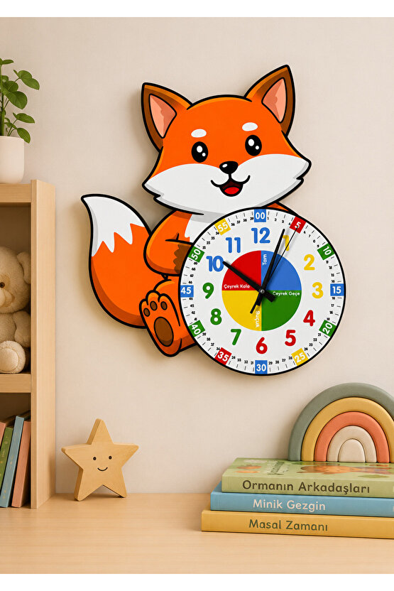 Montessori Eğitici Tilki Temalı Çocuk Duvar Saati | Renkli Ahşap Saat + UV Baskı