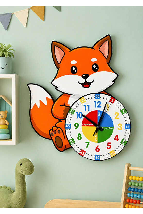 Montessori Eğitici Tilki Temalı Çocuk Duvar Saati | Renkli Ahşap Saat + UV Baskı