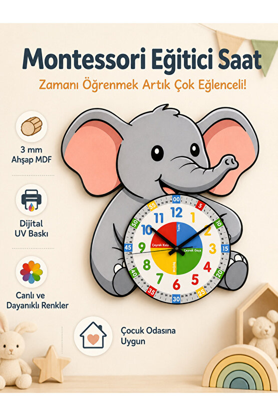 Montessori Eğitici Fil Temalı Çocuk Duvar Saati | Renkli Ahşap Saat + UV Baskı