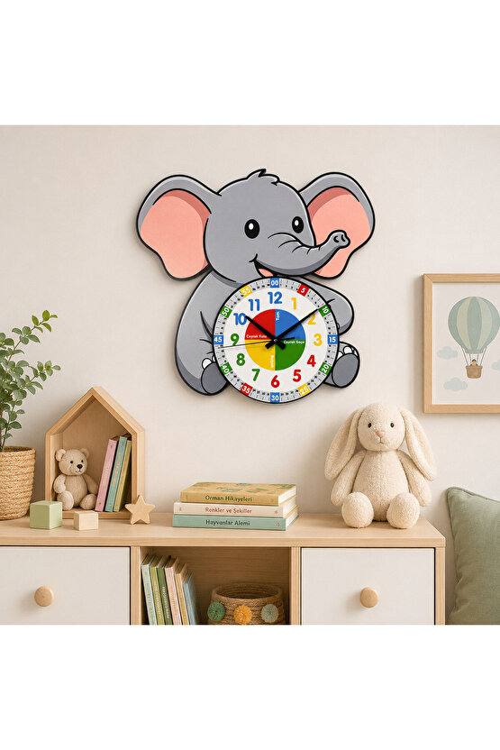 Montessori Eğitici Fil Temalı Çocuk Duvar Saati | Renkli Ahşap Saat + UV Baskı