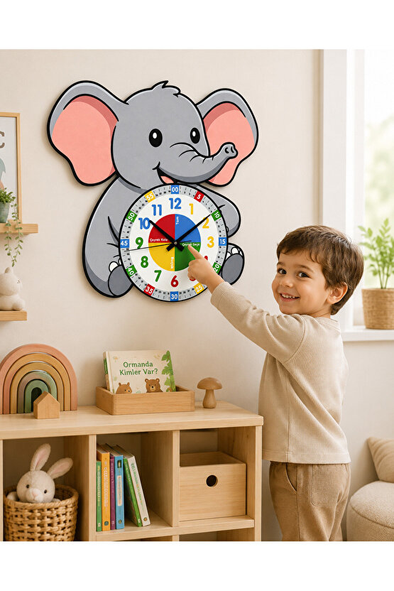 Montessori Eğitici Fil Temalı Çocuk Duvar Saati | Renkli Ahşap Saat + UV Baskı