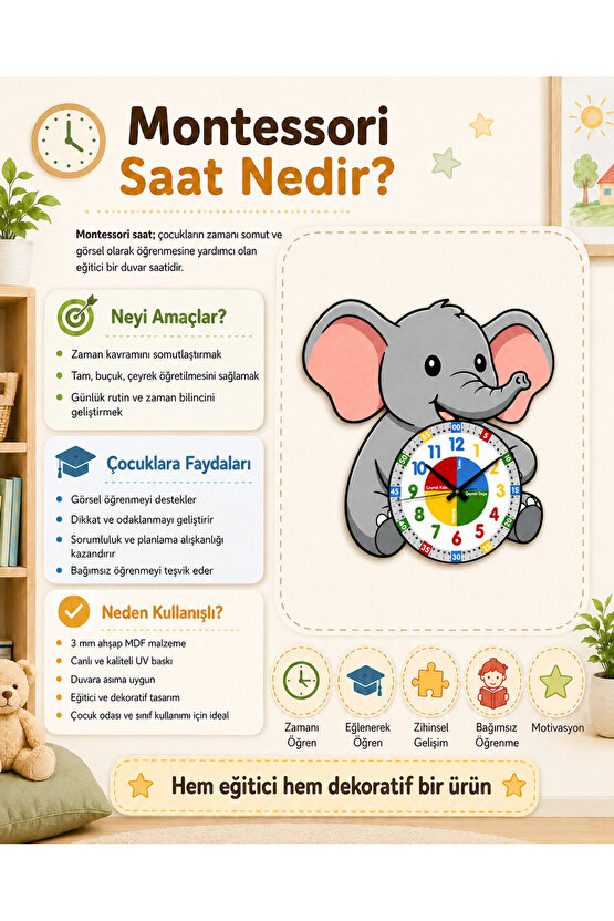Montessori Eğitici Fil Temalı Çocuk Duvar Saati | Renkli Ahşap Saat + UV Baskı