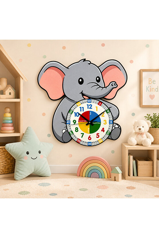 Montessori Eğitici Fil Temalı Çocuk Duvar Saati | Renkli Ahşap Saat + UV Baskı