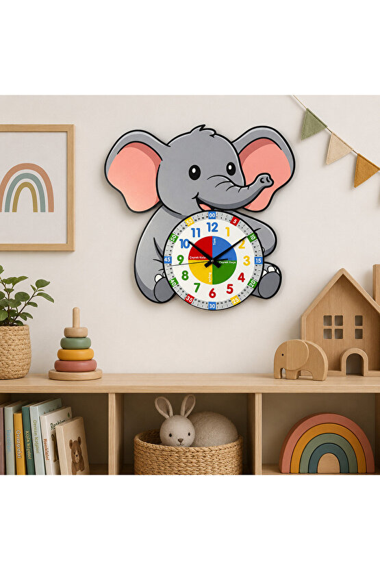 Montessori Eğitici Fil Temalı Çocuk Duvar Saati | Renkli Ahşap Saat + UV Baskı