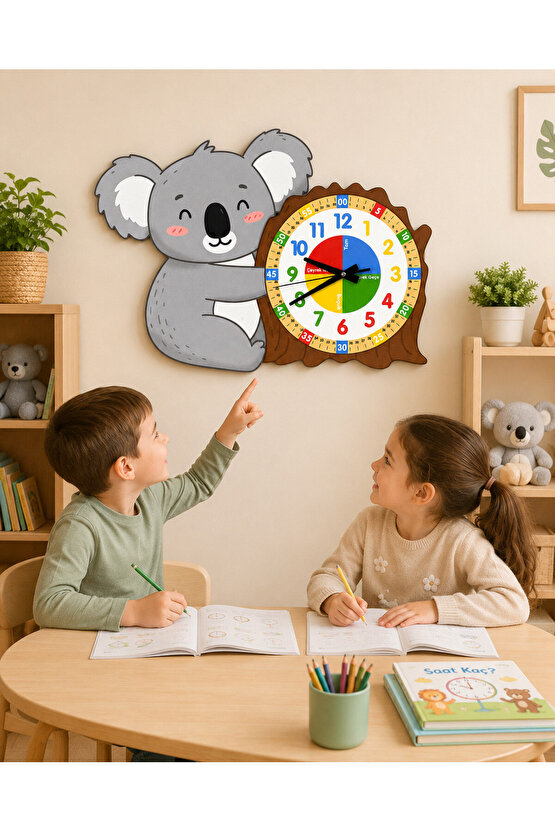 Montessori Eğitici Koala Temalı Çocuk Duvar Saati | Renkli Ahşap Saat – UV Baskı
