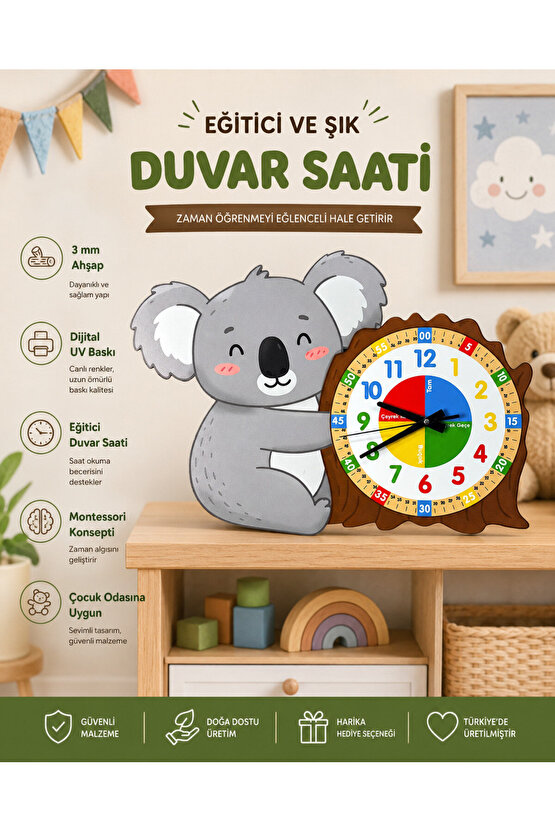 Montessori Eğitici Koala Temalı Çocuk Duvar Saati | Renkli Ahşap Saat – UV Baskı