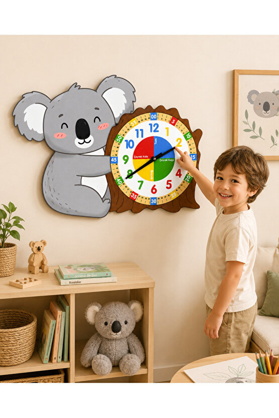 Montessori Eğitici Koala Temalı Çocuk Duvar Saati | Renkli Ahşap Saat – UV Baskı